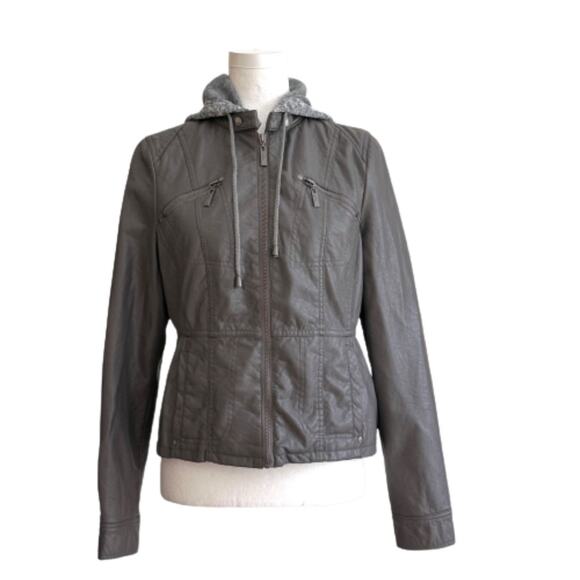 Jou Jou Gray Faux Leather Detachable Hood Fitted Pockets Moto Jacket Coat Medium - Picture 2 of 14